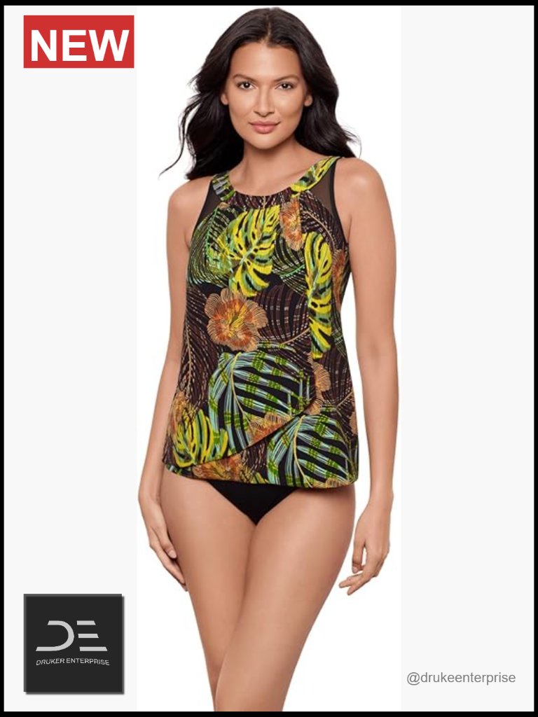 Tankini Bathing Suit Top With Underwire Bra And Mesh Detail, High Neck